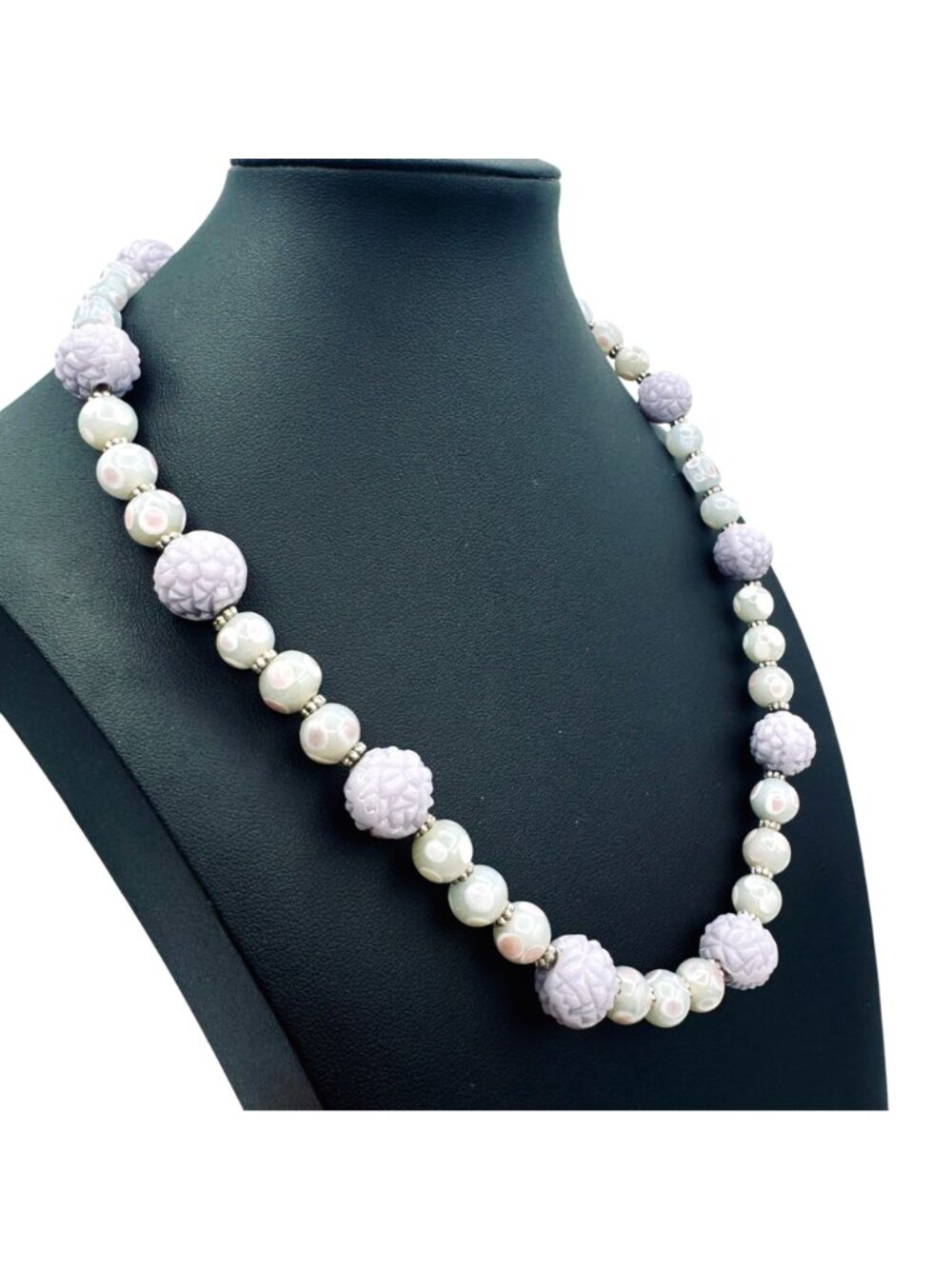 Lavender Lilac Glass Bead Necklace Handmade Pastel Silver Tone 20" Cottagecore - Picture 2 of 6